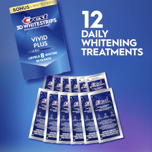 Image of Crest Teeth Whitening Strips, Crest 3D Whitestrips Vivid Plus, Enamel Safe Teeth Whitening Kit, 144 Treatments (288 Strips Total), Visibly Whitens in Days, 8 Levels Whiter, 24 Count (Pack of 12)