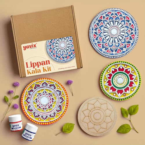 Image of YAVIX Lippan Kala Kit | Complete DIY Craft Set with 3 Premarked Round MDF Boards, Acrylic Colors, Mirrors & Moulding Clay for Art & Home Decor | Ideal for Gifting, Artists & Beginners