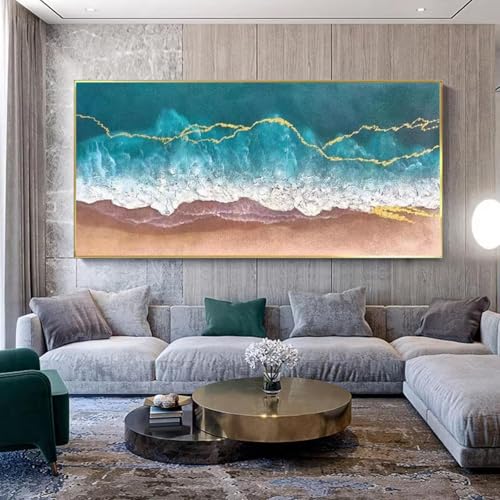 Décoration salon moderne grand tableau vagues de la mer bleu or chic
