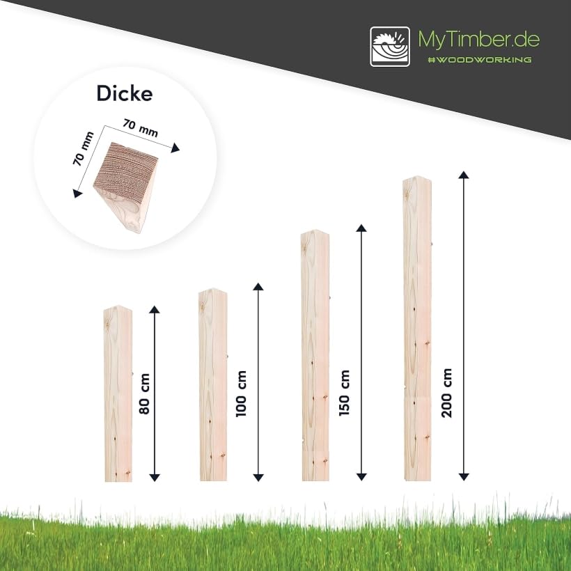 MyTimber Holzpfosten Lärche 70x70 mm | 80cm 100cm 150cm 200cm | Pfosten für DIY Zaun als Zaunpfosten oder für deinen Bau als Kantholz, Holzbalken Zaunpfahl (200cm)