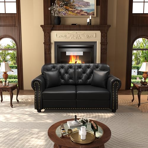 Image of KEIKI 63 inch Faux Leather Chesterfield Sofa with Rolled Arms & Nailhead Trim, Modern Style 2-Seater Button Tufted Couch with High Resilience Cushion & 2 Pillow, Easy Assembly, for Living Room, Black