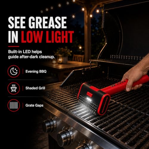 2026 Upgraded Electric Grill Brush, 3-Speed 1400–1800 RPM with LED Light, Rechargeable Electric BBQ Grill Cleaner, Anti-Shedding Brush Head, for Outdoor Grill, (Red) — view 3