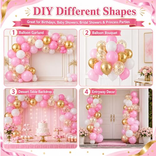 Image of Pink and Gold Balloons 60PCS Pink White and Gold Balloon Set, 12 Inch Metallic Golden Confetti Latex Balloons for Women Girls Birthday Baby Shower Bridal Shower Wedding Princess Party Decor