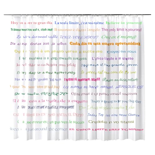 Morblan Cortina de Ducha de diseño único y Original, está Fabricada en PEVA, Antimoho y Totalmente Impermeable, Ecológica Libre de Cloro, Frases motivadoras,180 X 200 cm, Ganchos incluidos.