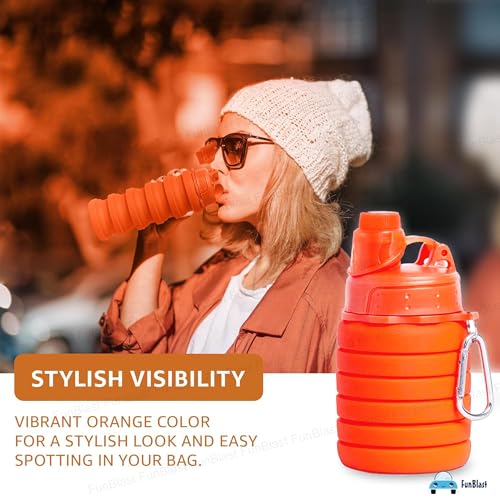 Image of FunBlast Silicone Sipper Bottle Bottle - 500 ML, Expandable Water Bottle for Home, Office, Gym, Trekking, BPA Free Food-Grade Collapsible Leak Proof Portable Travel Water Bottle (Orange)
