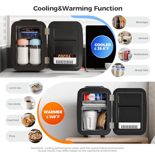 Image of YASHE Mini Fridge, 4 Liter /6 Can Mini Makeup Fridge, 110V AC / 12V DC Portable Thermoelectric Cooler&Warmer for Skincare, Drink, Cosmetic, Medicine, Small fridge for Bedroom, Office, Dorm, Car, Black