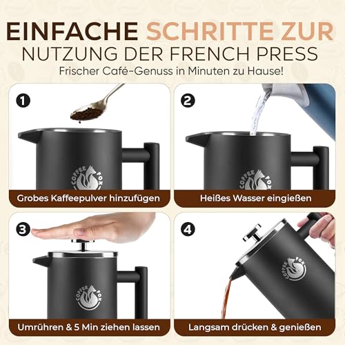 Coffee Fox® French Press 1 Liter Edelstahl, doppelwandiger Kaffeebereiter – Ansicht 3