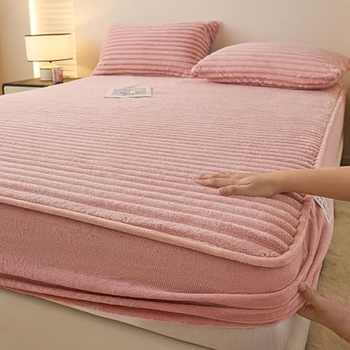 Sábana de cama de felpa – Sábana bajera ajustable de franela de invierno súper suave, gruesa y cálida, protector de colchón de terciopelo de felpa de conejo, ropa de cama antiestática para dormitorio