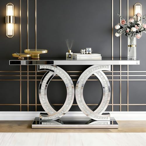 55 Mirrored Console Table Luxury Silver Entryway Table with Glass Top