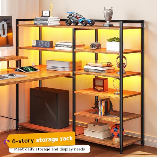 Image of DurayLoly 63 inch L Shaped Desk with 6-Tier Shelves & 2 Fabric Drawers,Brown | Reversible Corner Desk with Monitor Stand & CPU Stand,Power Outlet & LED Lights,Computer Desk for Home Office,Bedroom