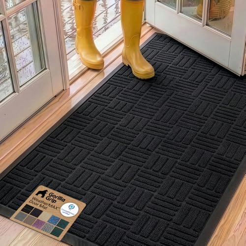 Image of GORILLA GRIP 100% Waterproof All-Season WeatherMAX Doormat, 60x24, US Designed Natural Rubber, Stain and Fade Resistant, Low Profile Indoor Outdoor Door Mats, Easy Clean Patio Mat, Midnight Maze