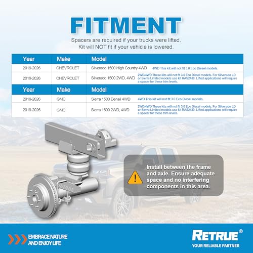 RETRUE Rear Air Bags Suspension Kit Compatible with 2019-2026 Chevrolet Chevy Silverado GMC Sierra 1500 Truck Towing, 5000 Lbs of Load Leveling Capacity, Replacement for Firestone 2609 - Image 3