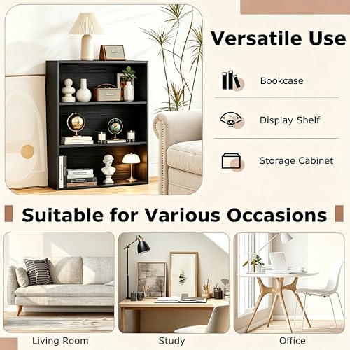 Image of HealSmart 3 Tier Bookcase, Industrial 3 Book Shelf, 9.2 inch D x 23.8 inch W x 31.5 inch H Tall Open Cube Storage Organizer for Home Office, Living Room, Bedroom and Dinning Room, Black