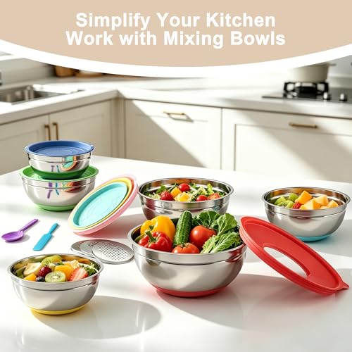 ENVTEK Stainless Steel Mixing Bowls Set with Lids,Silicone Bottoms,Colorful | Including 6 Stainless Steel Bowls(4.5QT,4QT,3.5QT,2.1QT,1.5QT,1.1QT), 3 Grater Attachments for Baking Serving - image 7