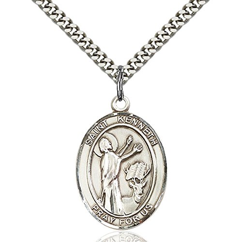Bonyak Jewelry Saint Medal Collection Sterling Silver St. Kenneth Pendant 1 x 3/4 inches with Heavy Curb Chain