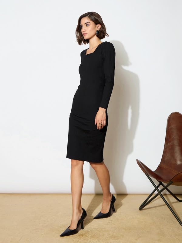 Image of barcino Black Rib Square Neck FS Midi Dress
