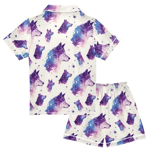 Wolf Purple Prints Summer Satin Pajama Set, Cute Button-Down Sleepwear Pj Set for Sleep Wears2