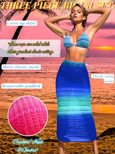 Kaei&Shi Women 3 Piece Crochet Swimsuit,Halter Triangle Bikini Sets with Ombre Cover Up2
