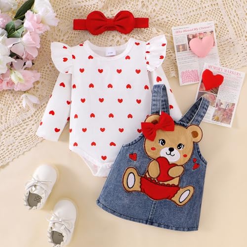 Baby Girl Clothes Fall Winter Outfits Long Sleeve Romper Bear Cartoon Suspender Skirt Bow Headband Set 0-18 Months2