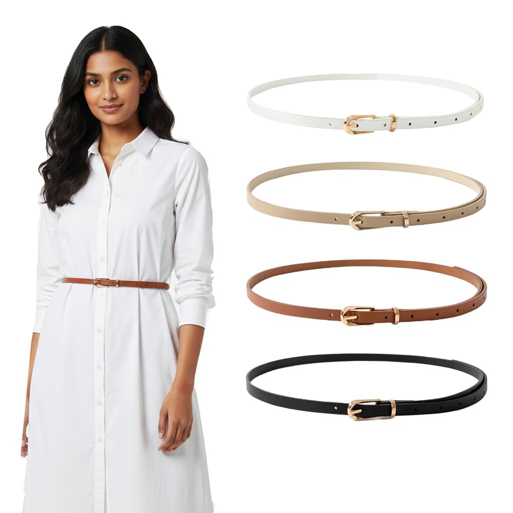 4 Pack Women Skinny Belts for Jeans Dress Thin Waist Belt for Ladies with Gold Buckle 0.55" Width-Black