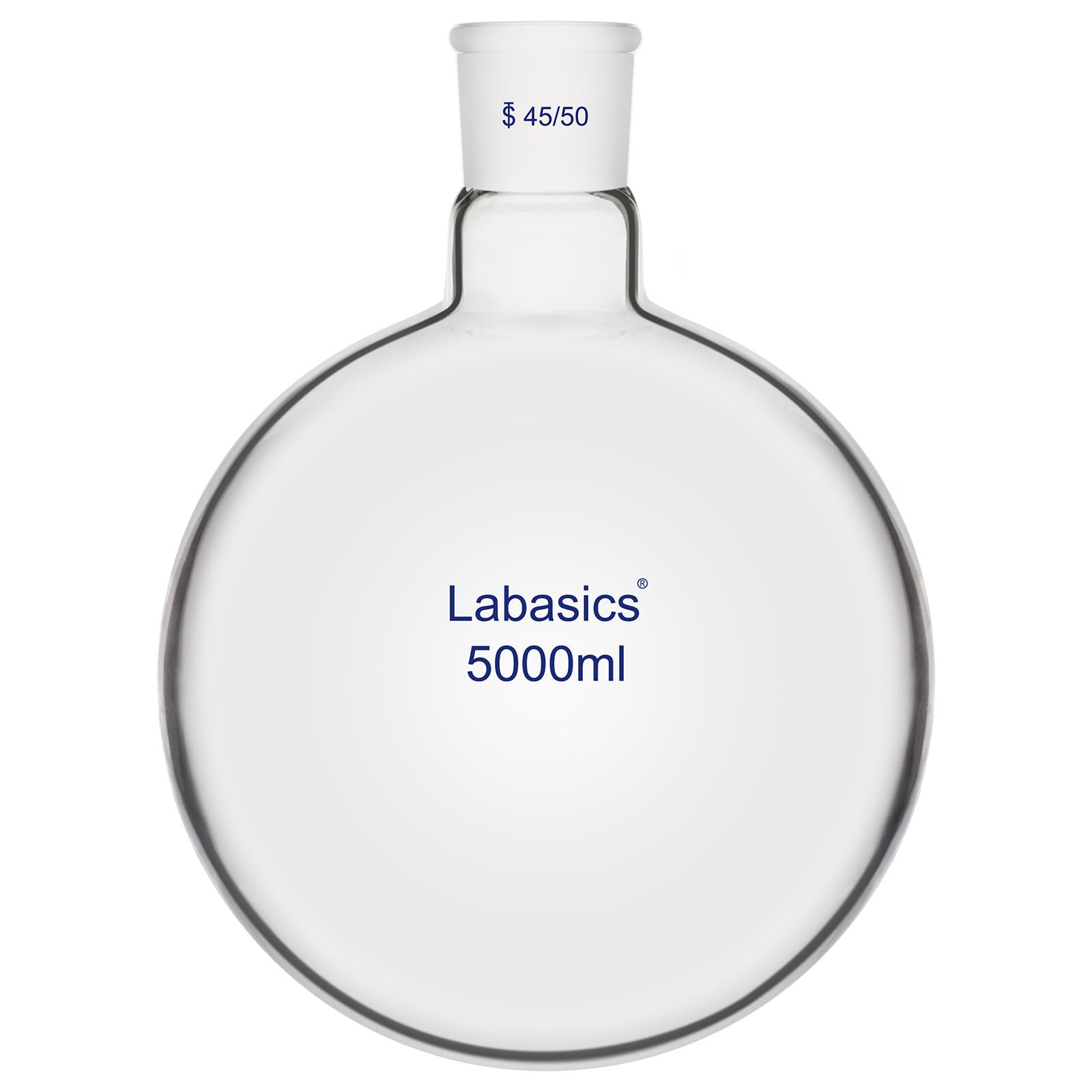 Labasics 5000 ml Matraz de Fondo Redondo para Ebullición, Matraz de Un Cuello de Vidrio de Borosilicato de Pared Gruesa con Junta Cónica Estándar 45/50 para Reflujo y Destilación en Laboratorio