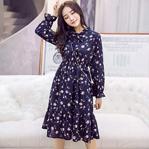 MIBKLPG Femmes en Mousseline De Soie Robe Une Ligne Mince Taille Robe Imprimé Floral Élégant Femme Robe M Bleu Cover
