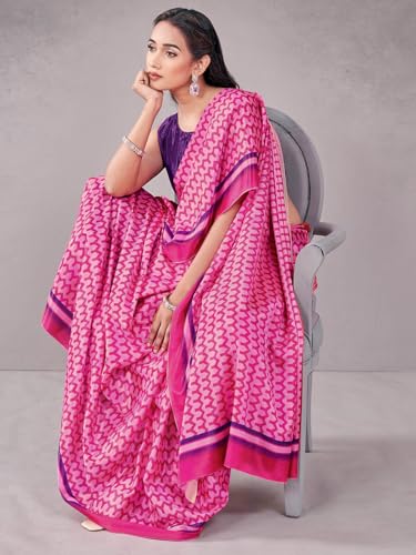 Image of Satrani Women's Chinnon Printed Saree with Unstitched Blouse Piece