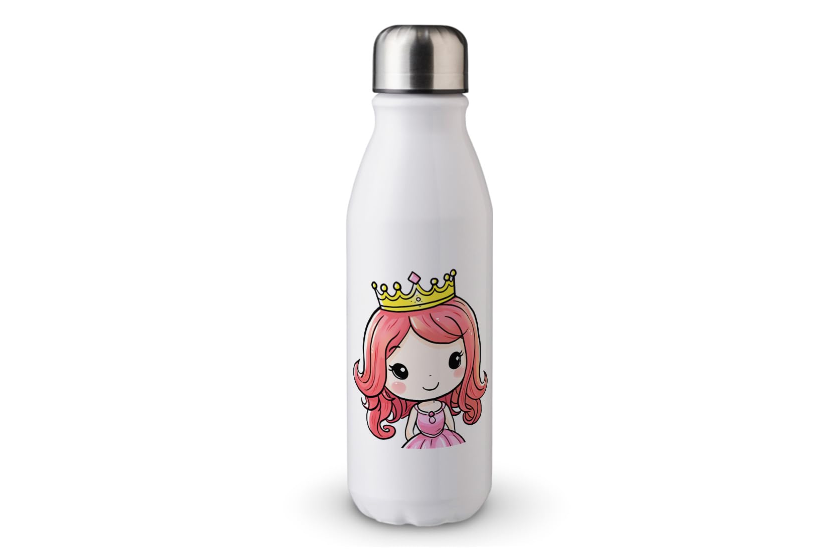 MAXIKIWI - Single Wall Water Drinking Bottle with Screw Cap, Non Insulated Lightweight Aluminium, BPA Free, Leak-Proof - Cute Princess With Tiara - 500ml