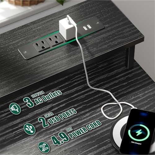 47 Inch Computer Gaming Desk with Power Outlets & LED Lights Reversible Home Office Desk with Adjustable 5 Fabric Storage Drawers for Working Writing Study Black - Image 5