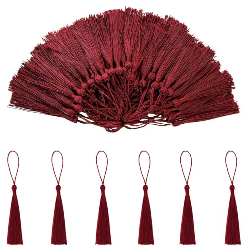 Handmade Tassels, Mini Tassels, Tassels Bookmarks, 100 Pieces Tassel Pendants, Silky Soft Colourful Tassels, Craft Tassel, for Making Jewellery, Souvenirs, Tassel Earrings (Burgundy)