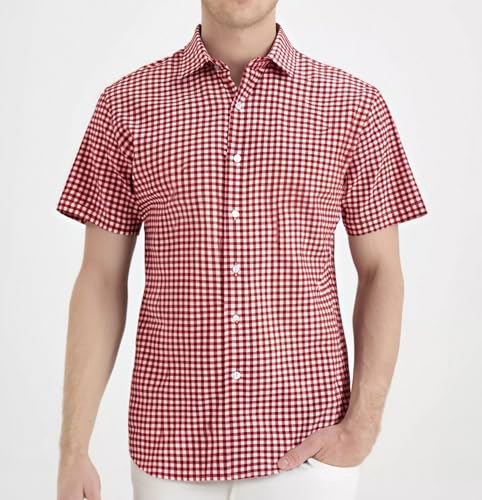 Manwan walk Mens Short Sleeve Plaid Casual Button Down Shirts Gingham Regular Fit Dress Shirts3