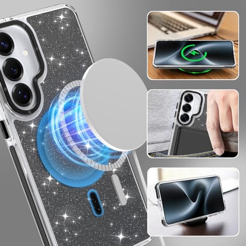Image of Magnetic Case for Samsung Galaxy S26 Plus [Compatible with Magsafe] [Bling Glitter Fluorescent Design] [1 Screen Protector] Slim Translucent Matte Case for Galaxy S26 Plus 6.7 inch, Black