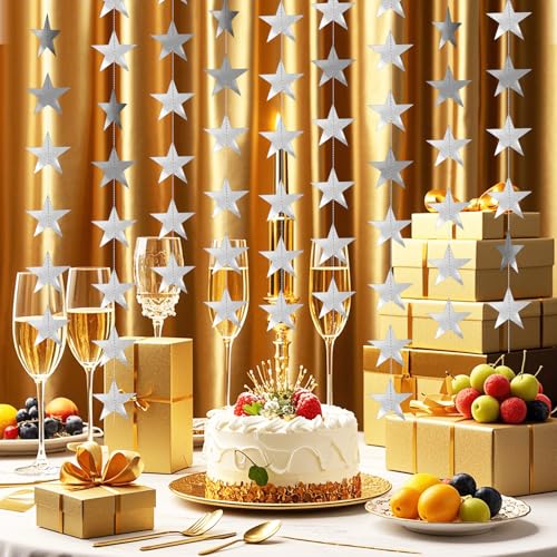 Image of Glitter Star Garland Banner Decor 130 Feet Silver Star Garland Hanging Bunting Banner Backdrop for Graduation Wedding Birthday Holiday Party