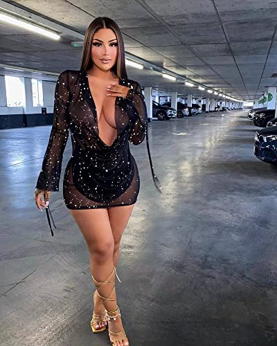 Image of Women's Sexy Long Sleeve Two 2 Pieces Outfits Sheer Mesh Mini Dress Skirt Set Top V Neck Backless Ruched Bodycon Cover Up