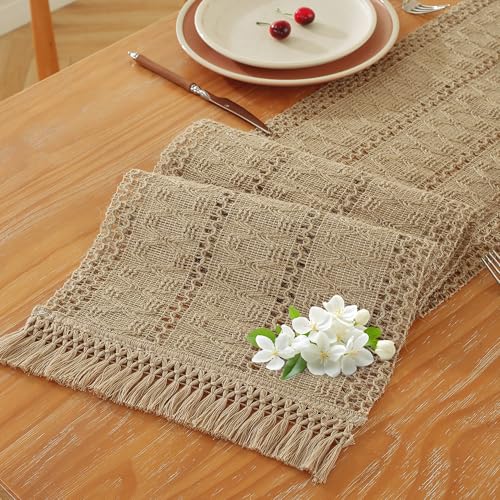 Niviy Burlap Boho Table Runner for Home Decor with Tassels 72 Inches Long, Modern Farmhouse Decor Rustic Macrame Woven Coffee Table Runners for Spring Dining Table Decoration, Burlap Brown