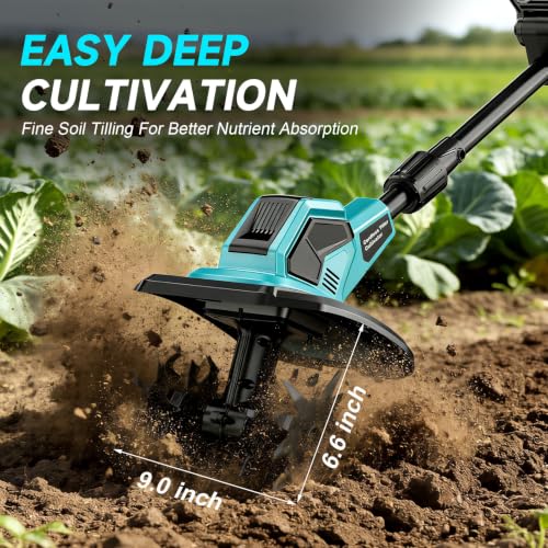 Cordless Tiller Cultivator, 360RPM Electric Garden Tiller, with 2 x 3.0Ah Batteries & Charger, 9In Tilling Width and 6.6In Depth Garden Rototiller for Lawn/Gardening/Soil Cultivation by Jmmyvanee - Used condition - Image 2