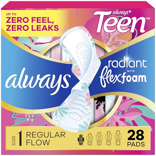 Always Radiant Teen Pads, Size 1, Regular, with Wings, Unscented, 28 Count