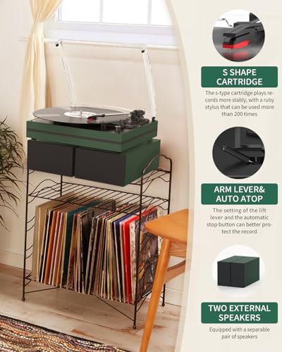 Image of Record Player for Vinyl with External Speakers Belt-Drive Turntables for Vinyls Records Dual Stereo Speakers LP 3 Speed BT Wireless AUX-in Headphone Auto Stop New Sleek Stylish Dark Matte Green