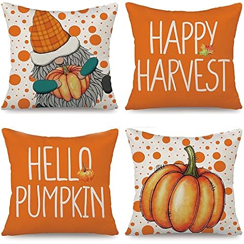 Cirzone Fall Pillow Covers 18x18 Set of 4 Gnome Hello Pumpkin Fall Pillows Autumn Farmhouse Fall Outdoor Thanksgiving Decorative Fall Throw Pillow Covers Fall Decorations for Home Cover