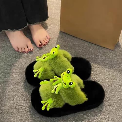 Women's Funny Plush Slippers Cozy Cute Kawaii Frog Animal Print Fuzzy Indoor Winter Bedroom Shoes4