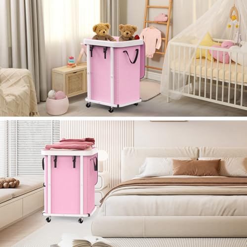 Image of 150L (40 Gal) Large Fashion Laundry Basket with Wheels, Leather Patchwork Rolling Hamper Carts, Sturdy Metal Frame, Removable Washable Bag, Tall Clothes Sorter for Bedroom, Laundry Room - Pink