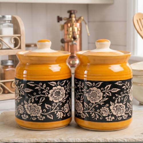 Image of D'Maiolica Ceramic Handmade Pickle Jars in 1000ml (set of 2) | Floral Bale 1 kg Achaar Martban | Ceramic Jadi for Kitchen Storage (Set of 2) | Jars for Achar, Spices, Salt (Yellow Black Full Floral)