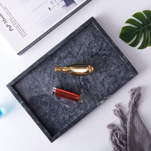 Natural Marble Rectanular Service Vanity Bathroom Tray 3 Colors Available - Rectangular Marble Organizer Plate with Non-Slip Pads - Perfect for Perfume, Cosmetics, Cups - Premium (Green)