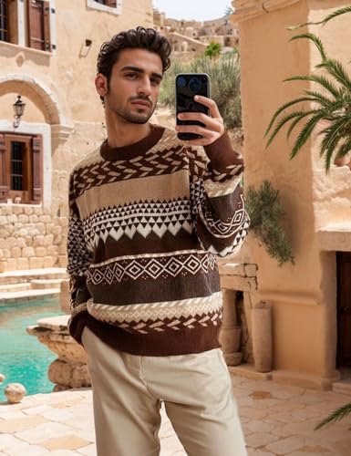 Flygo Men's Vintage Grandpa Sweater Crewneck Oversized Striped Aztec Cable Knit Pullover Unisex Jumper Tops3