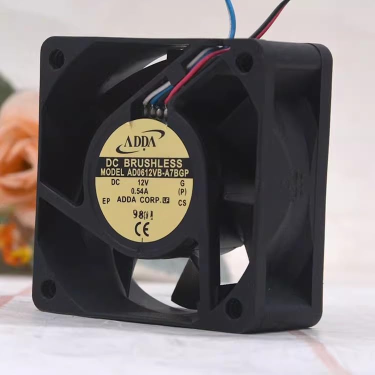 Angled view of the REAMTONY 6025 cooling fan, showing the side profile and the ADDA label. The 4-wire cable extends from the fan.