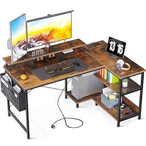 ODK L Vormige Bureau met USB-Laadpoort & Stopcontact Reversibel Hoekbureau met Monitorstandaard Multifunctioneel Gamer Bureau