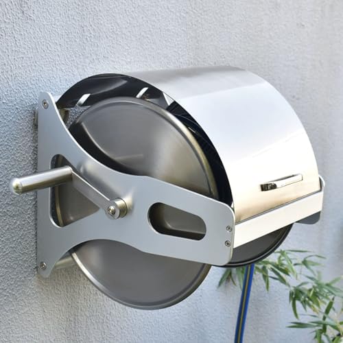 Hose Reel Wall Mount with Rotating Handle, Heavy Duty Garden Hose Roller for Backyard Patio Lawn, Stainless Steel Gardening Tool