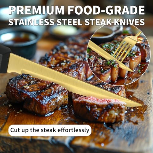 48-Piece Gold Silverware Set with Steak Knives Gold Stainless Steel Flatware Set for 8 Food Grade Tableware Cutlery Set Rust-proof, Mirror Polished, Dishwasher Safe by Lazycorner - Used condition - Image 7