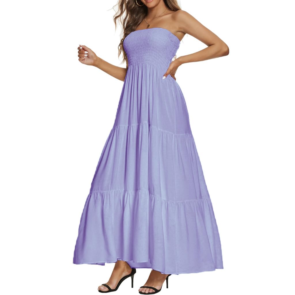 Women's Casual Off Shoulder Maxi Dress Strapless Tube Top Bohemian Beach Long Dresses 092