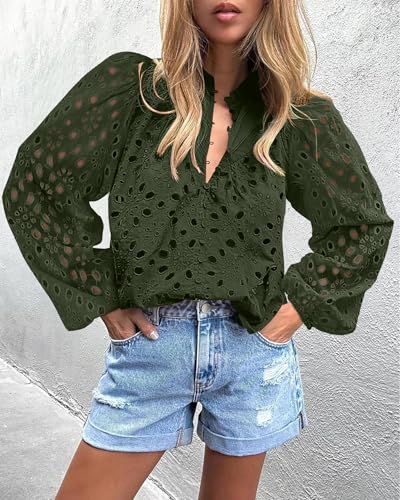 BETTE BOUTIK Women's Long Short Sleeve Tops 2025 Dressy Casual Button Hollow Out Lace Embroidered Blouses Shirts